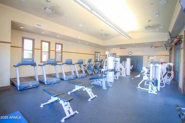 gym with recessed lighting, visible vents, and baseboards