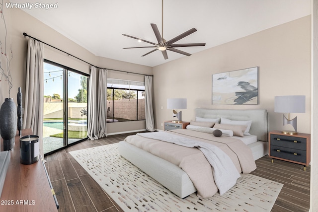 7439 E Beryl Ave, Scottsdale, AZ 85258 - bedroom featuring access to exterior, dark wood finished floors, ceiling fan, and baseboards