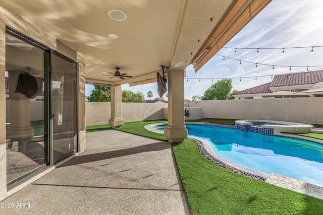 7439 E Beryl Ave, Scottsdale, AZ 85258 - view of pool with a fenced backyard, a patio, a pool with connected hot tub, and a ceiling fan