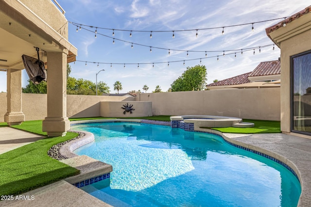 7439 E Beryl Ave, Scottsdale, AZ 85258 - view of swimming pool with a fenced backyard, a pool with connected hot tub, and a patio area