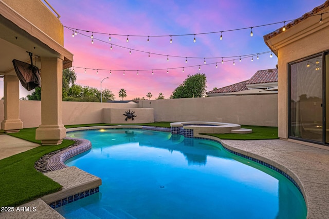 7439 E Beryl Ave, Scottsdale, AZ 85258 - view of swimming pool with a fenced backyard, a patio, and a pool with connected hot tub