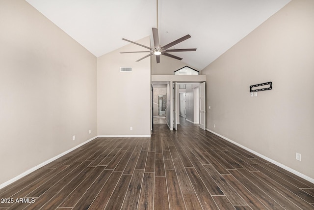7439 E Beryl Ave, Scottsdale, AZ 85258 - unfurnished living room with ceiling fan, dark wood finished floors, baseboards, and high vaulted ceiling