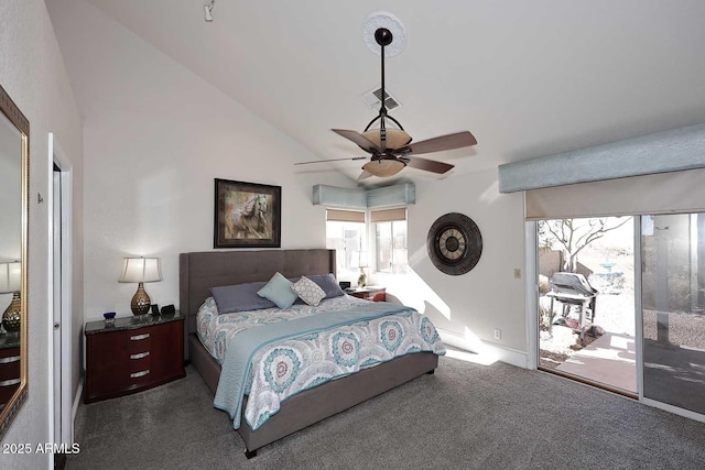 carpeted bedroom with access to exterior, ceiling fan, and lofted ceiling