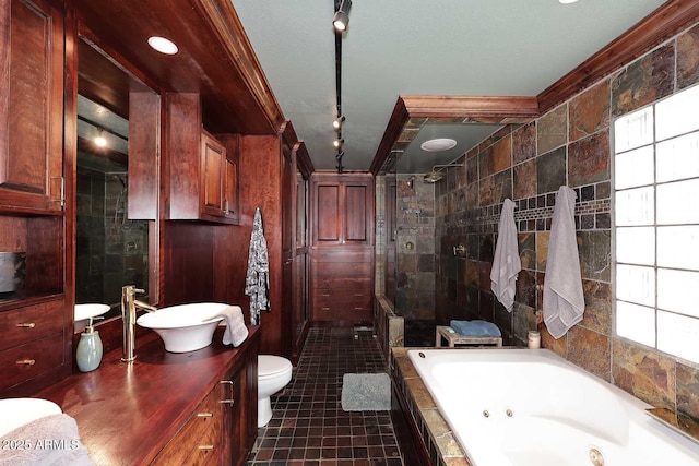 full bathroom featuring sink, tile walls, toilet, and independent shower and bath