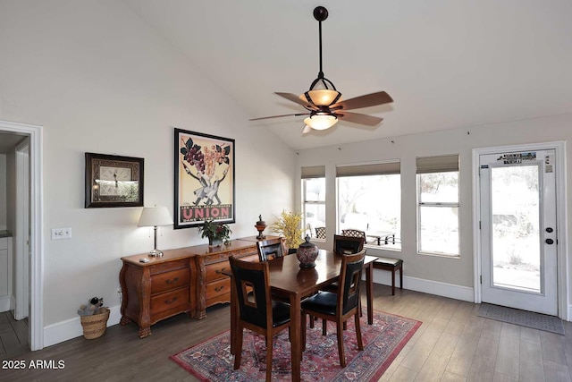 dining area featuring hardwood / wood-style flooring, high vaulted ceiling, and ceiling fan