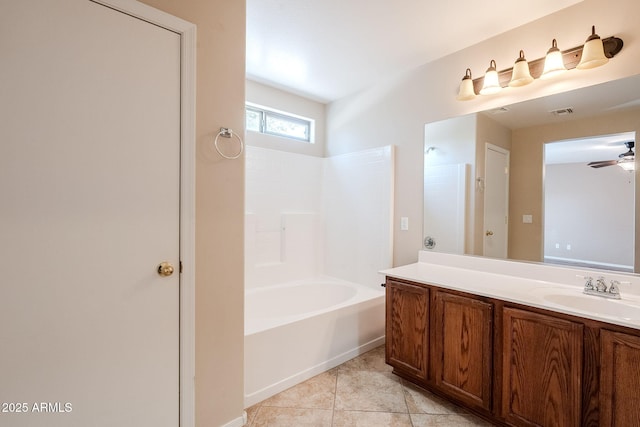 bathroom featuring vanity, ceiling fan, tile patterned floors, and shower / washtub combination