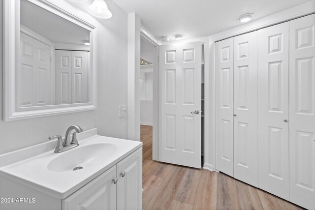 bathroom with hardwood / wood-style flooring and vanity