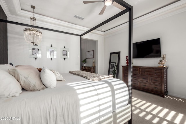 5212 S Seton Ct, Gilbert, AZ 85298 - bedroom with light carpet, ornamental molding, a chandelier, and ceiling fan