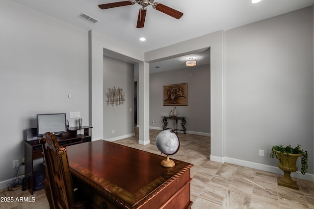 office area with baseboards, visible vents, a ceiling fan, and recessed lighting