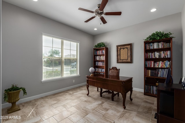 office area with ceiling fan, baseboards, and recessed lighting