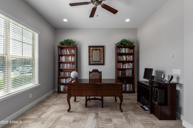 home office featuring ceiling fan, baseboards, and recessed lighting