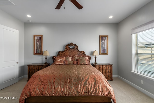 bedroom with recessed lighting, light colored carpet, visible vents, ceiling fan, and baseboards