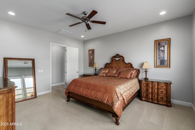 carpeted bedroom with baseboards, visible vents, a ceiling fan, and recessed lighting