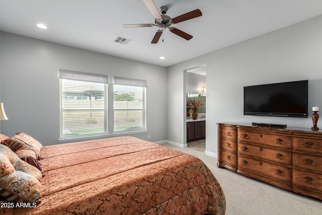 bedroom with ceiling fan, recessed lighting, light colored carpet, visible vents, and baseboards