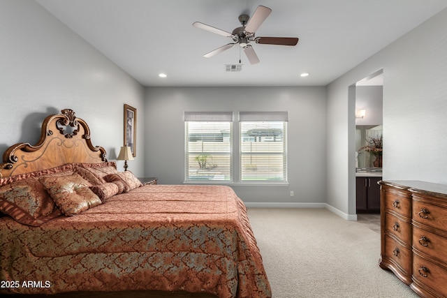 bedroom featuring recessed lighting, baseboards, visible vents, and light colored carpet