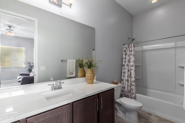 bathroom featuring a ceiling fan, connected bathroom, toilet, shower / bathtub combination with curtain, and vanity