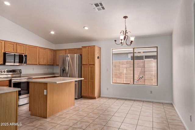 4143 E Sundance Ave, Gilbert, AZ 85297 - kitchen with appliances with stainless steel finishes, light countertops, a chandelier, light tile patterned floors, and recessed lighting