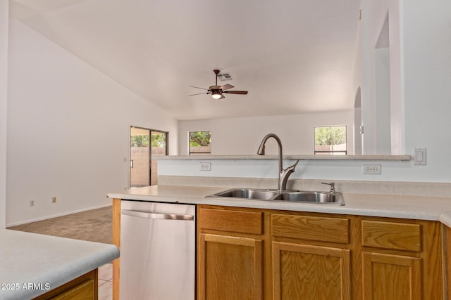 4143 E Sundance Ave, Gilbert, AZ 85297 - kitchen with stainless steel dishwasher, a sink, light countertops, and ceiling fan