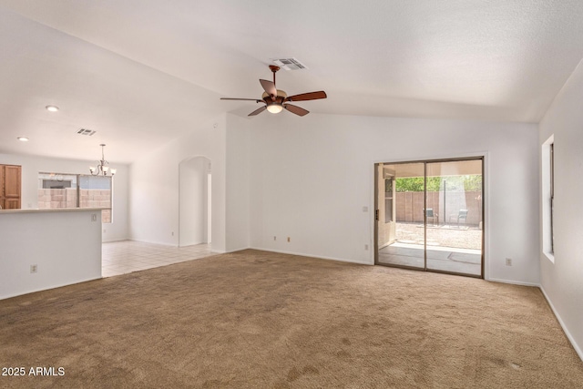4143 E Sundance Ave, Gilbert, AZ 85297 - unfurnished living room with light carpet, a ceiling fan, vaulted ceiling, a chandelier, and baseboards