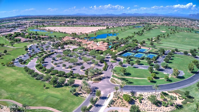 1620 E Sattoo Way, Queen Creek, AZ 85140 - aerial overview of property's location with a water and mountain view, a local golf course, and nearby suburban area