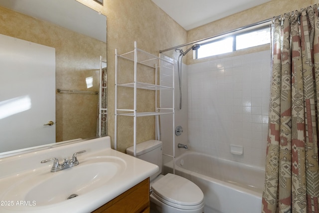 full bathroom with vanity, toilet, and shower / bathtub combination with curtain