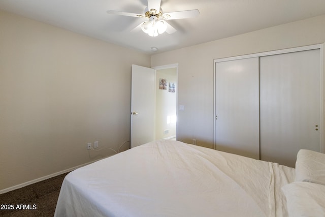 bedroom featuring carpet floors, ceiling fan, and a closet