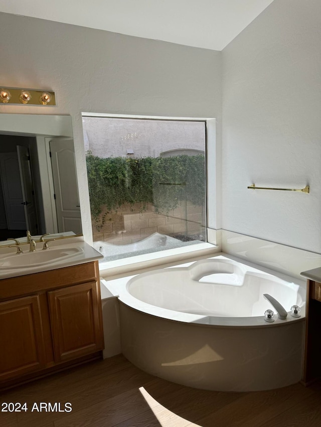 bathroom with hardwood / wood-style floors, a washtub, and vanity