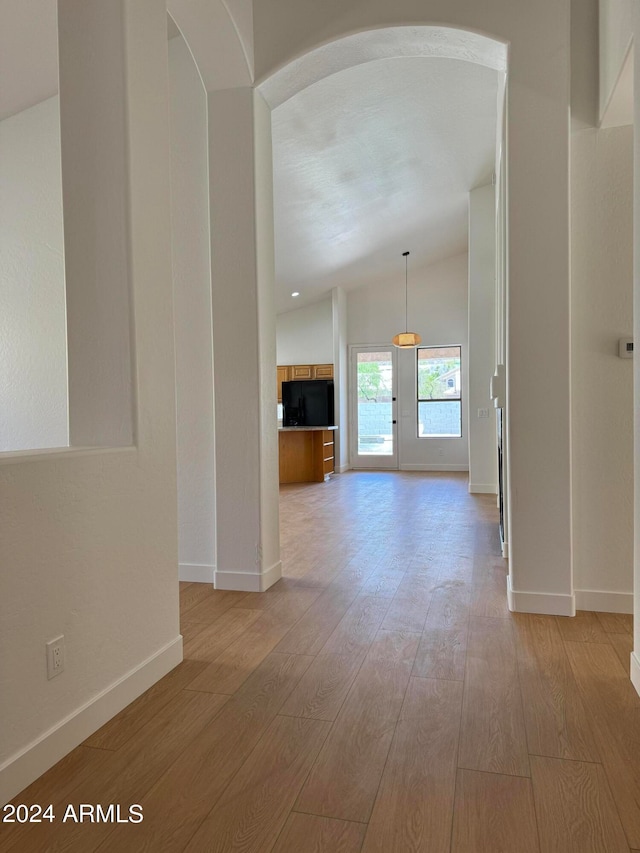 interior space featuring lofted ceiling and light wood-type flooring