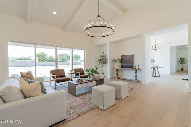 living room with high vaulted ceiling, a chandelier, beamed ceiling, and hardwood / wood-style flooring