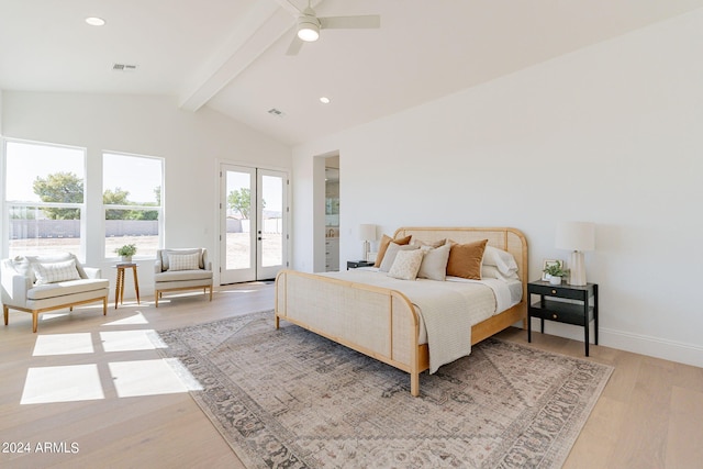 bedroom featuring light hardwood / wood-style floors, lofted ceiling with beams, ceiling fan, french doors, and access to outside