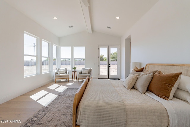 bedroom with access to outside, french doors, light hardwood / wood-style floors, and lofted ceiling with beams