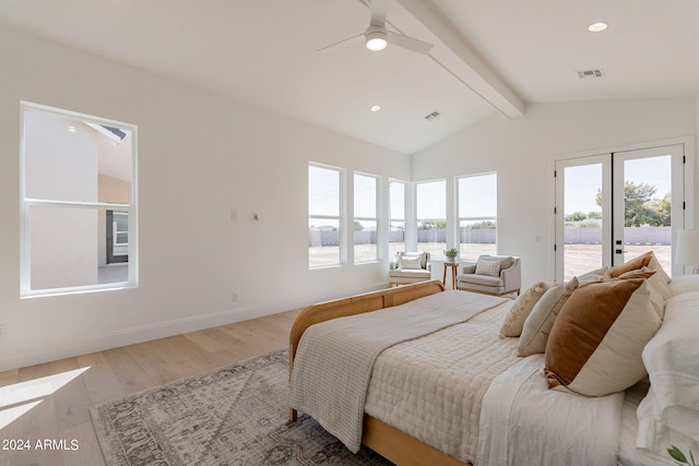 bedroom featuring ceiling fan, vaulted ceiling with beams, light hardwood / wood-style floors, french doors, and access to exterior