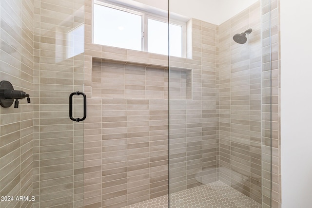 bathroom with a shower with shower door