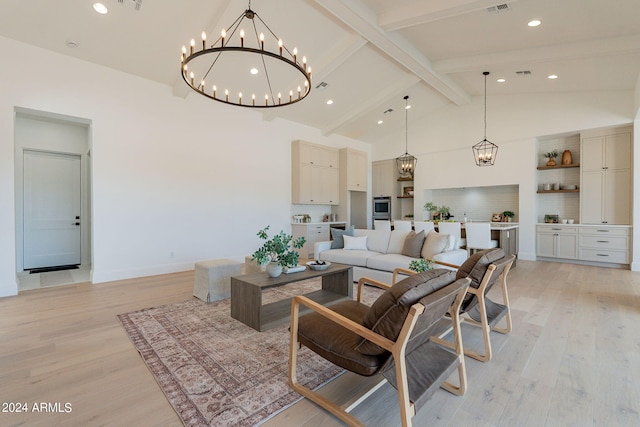 living room featuring a notable chandelier, light hardwood / wood-style floors, beamed ceiling, and high vaulted ceiling