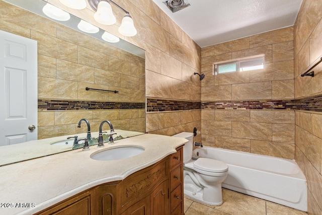 1316 N Spring Cir, Mesa, AZ 85203 - bathroom with tile patterned floors,  shower combination, toilet, tile walls, and vanity