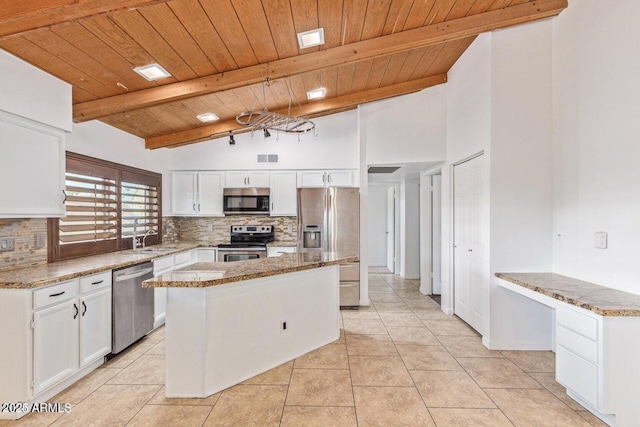 1316 N Spring Cir, Mesa, AZ 85203 - kitchen featuring decorative backsplash, wooden ceiling, stainless steel appliances, and a kitchen island