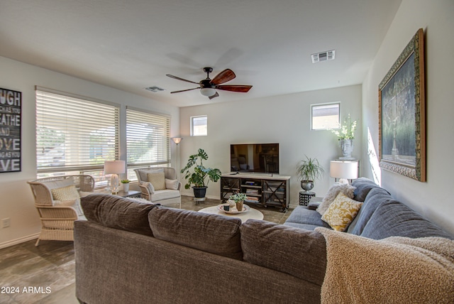 living room featuring ceiling fan