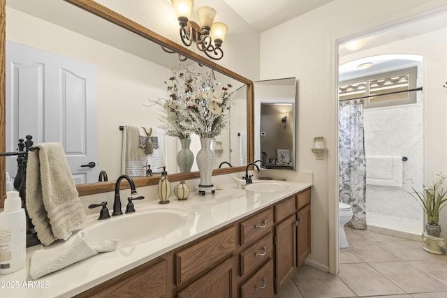1449 W Sherri Dr, Gilbert, AZ 85233 - full bathroom featuring double vanity, curtained shower, tile patterned flooring, and a chandelier