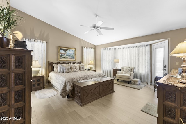1449 W Sherri Dr, Gilbert, AZ 85233 - bedroom featuring lofted ceiling, light wood-style floors, access to outside, and a ceiling fan