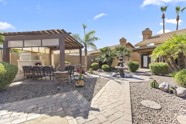 1449 W Sherri Dr, Gilbert, AZ 85233 - view of patio / terrace featuring a pergola and a warm lit fireplace