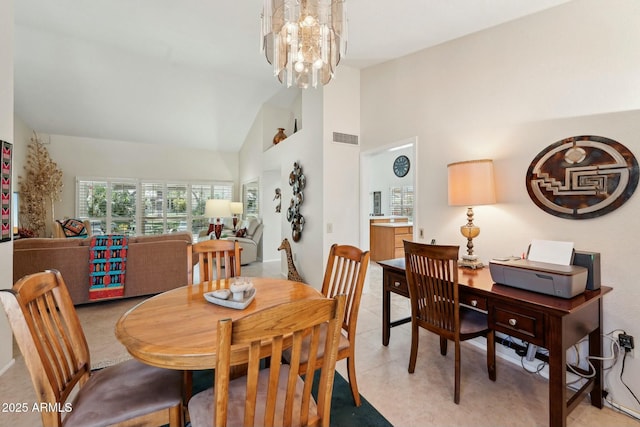 dining space with visible vents, high vaulted ceiling, and a chandelier