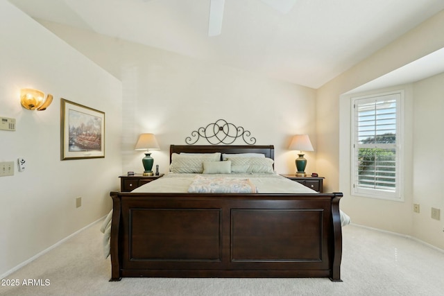 bedroom with baseboards, light carpet, and ceiling fan