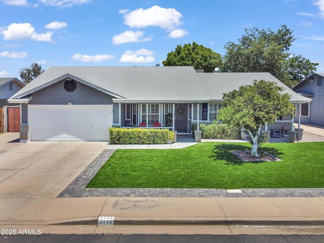 4116 E Downing St, Mesa, AZ 85205 - ranch-style house featuring a porch, a front lawn, driveway, an attached garage, and roof with shingles