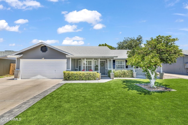 4116 E Downing St, Mesa, AZ 85205 - single story home featuring covered porch, driveway, a front yard, and a garage