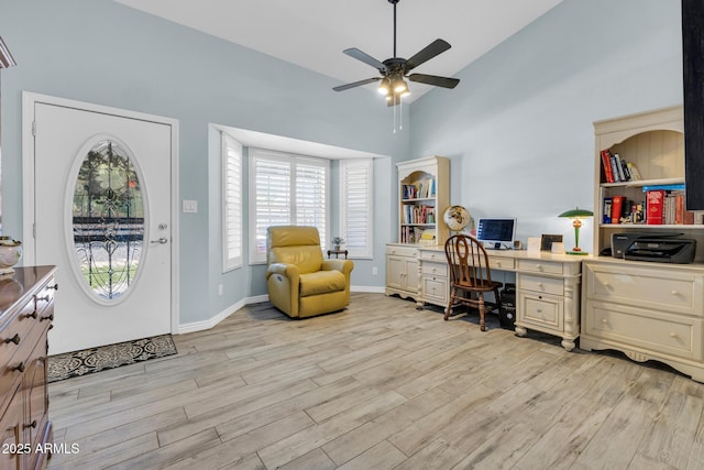 4116 E Downing St, Mesa, AZ 85205 - office with ceiling fan, light wood-style floors, built in study area, and high vaulted ceiling