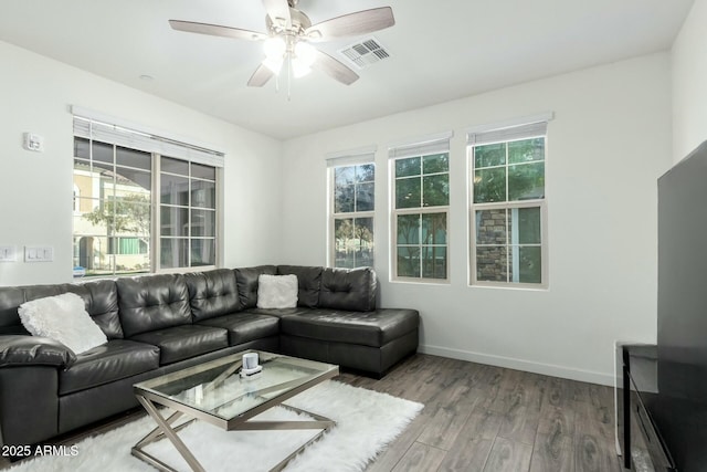 living room featuring hardwood / wood-style flooring, a wealth of natural light, and ceiling fan