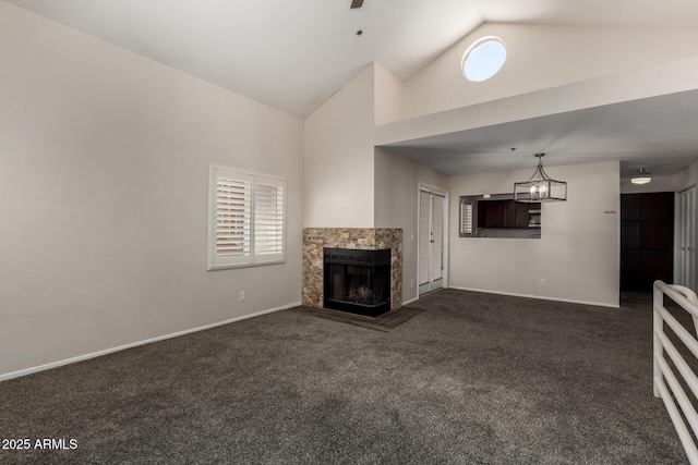 154 W 5th St Unit 210, Tempe, AZ 85281 - unfurnished living room with a fireplace, high vaulted ceiling, and dark carpet