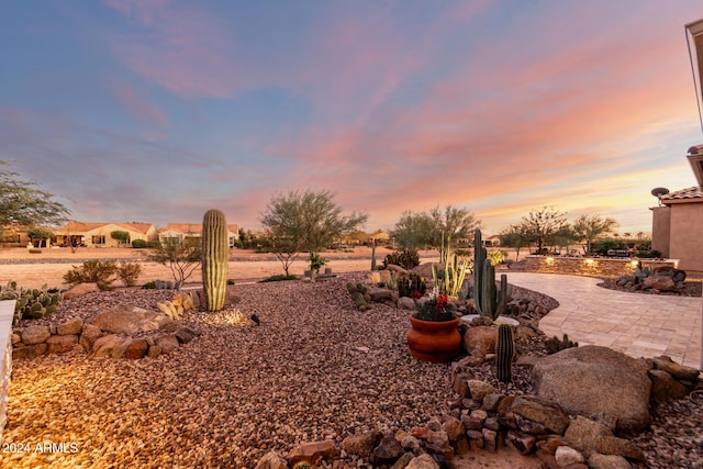 yard at dusk featuring a patio area