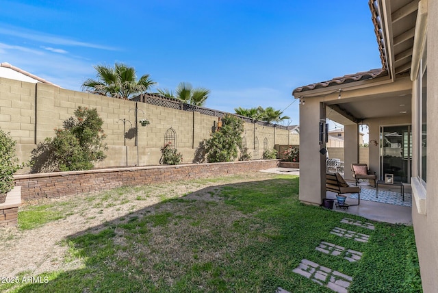 view of yard with a fenced backyard and a patio