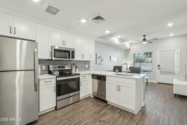 kitchen featuring white cabinetry, appliances with stainless steel finishes, kitchen peninsula, and sink